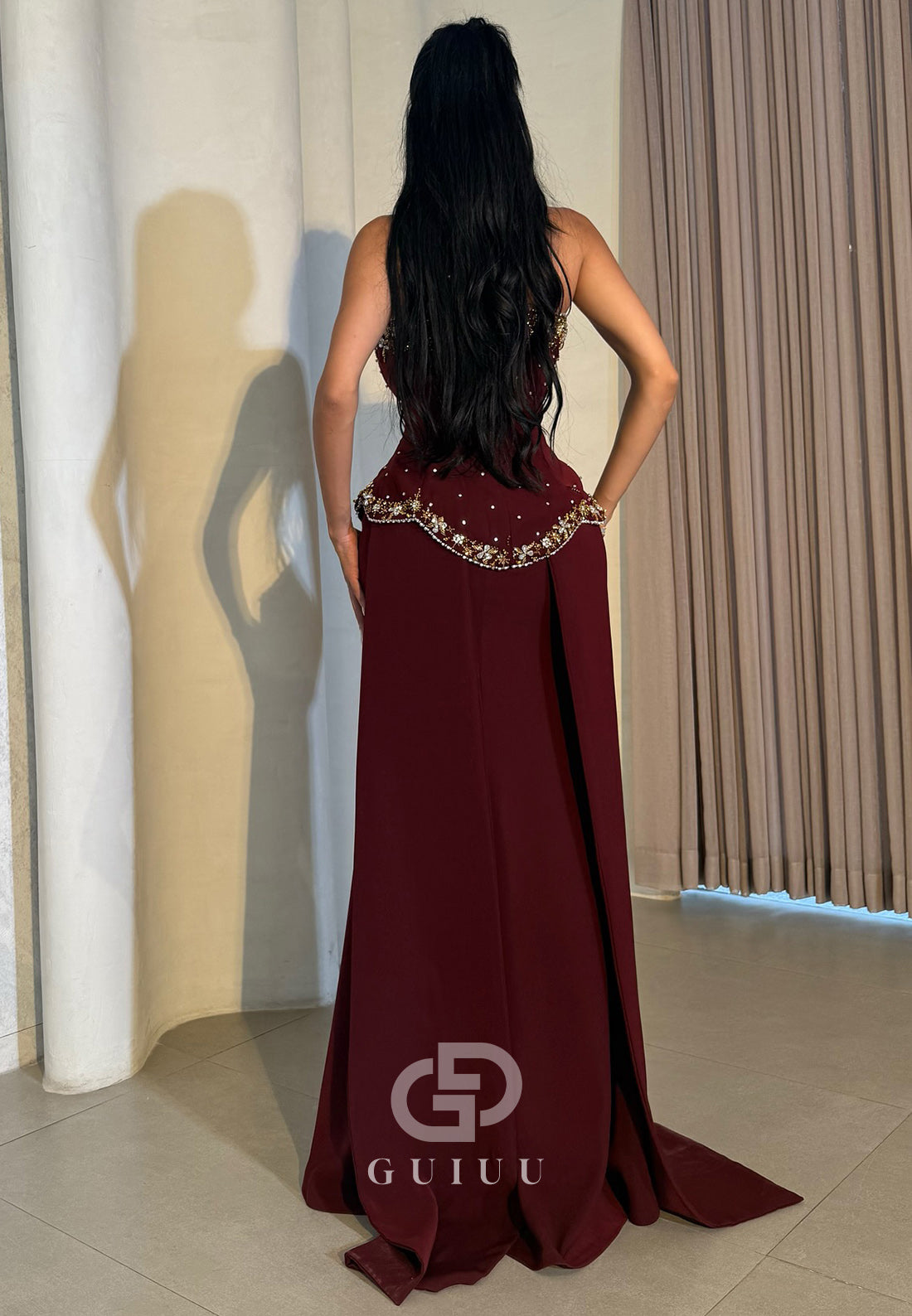 Burgundy Strapless Sleeveless Sequins Corset Evening Dress