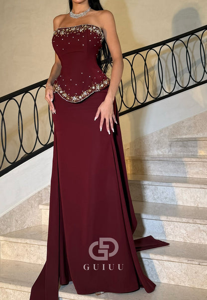 Burgundy Strapless Sleeveless Sequins Corset Evening Dress