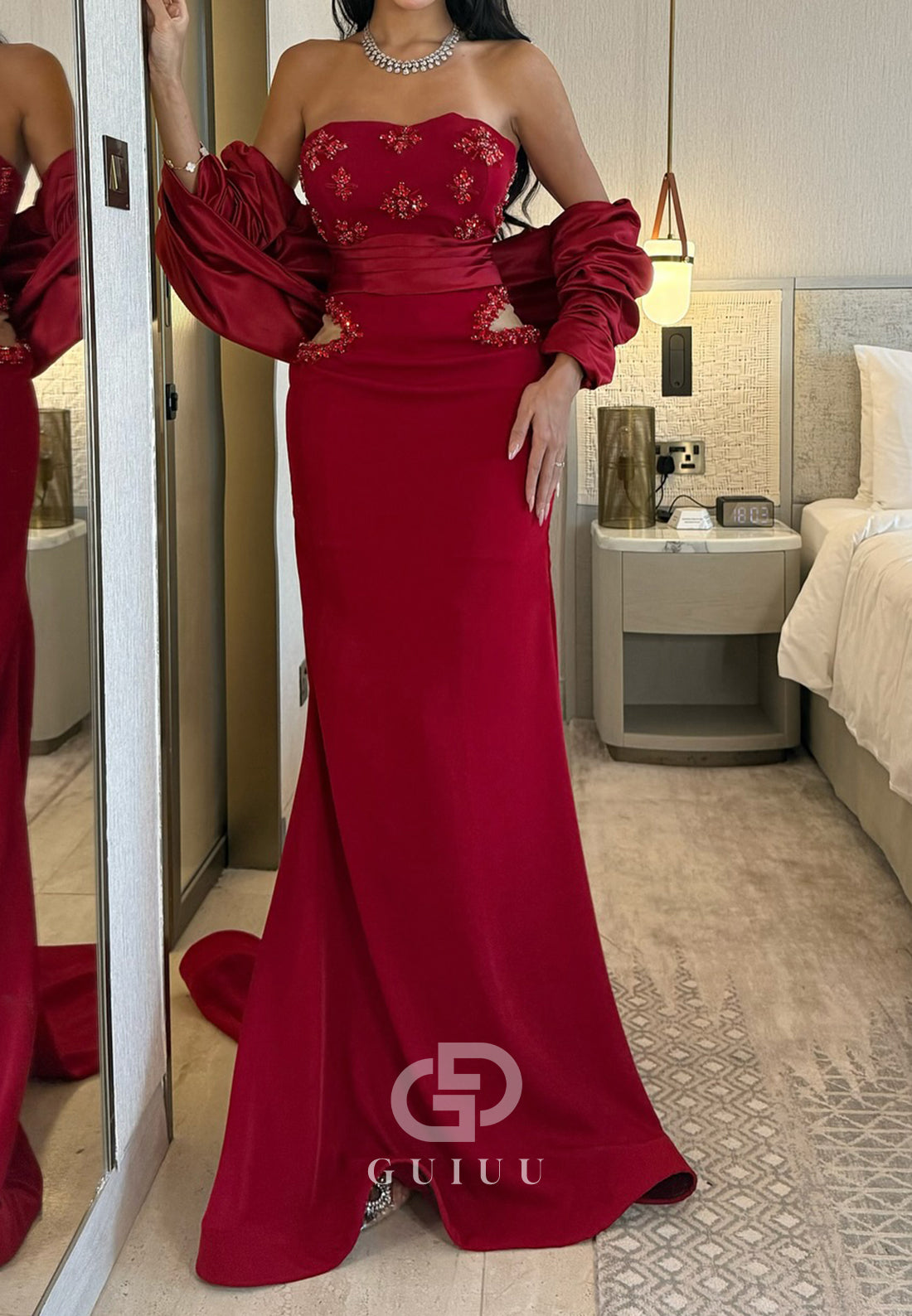 Red Sleeveless Strapless Beads Mermaid Evening Dress