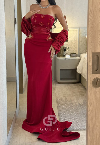 Red Sleeveless Strapless Beads Mermaid Evening Dress