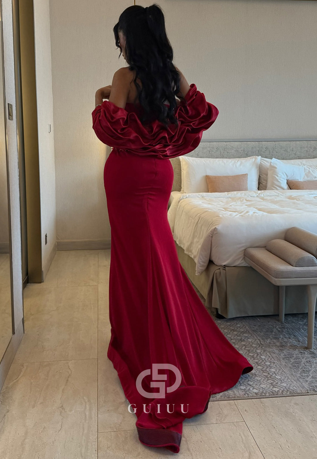 Red Sleeveless Strapless Beads Mermaid Evening Dress