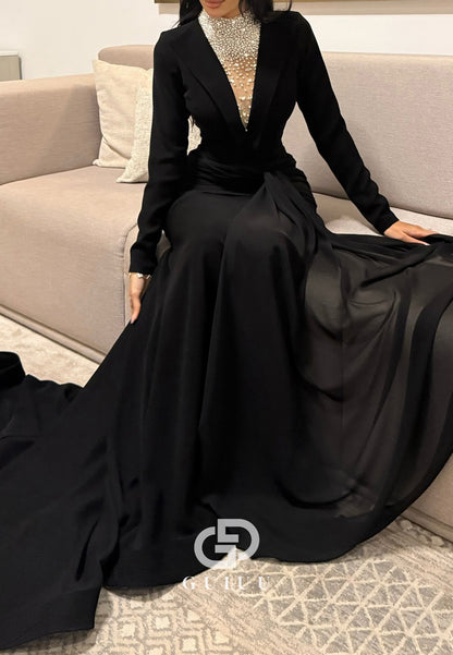 Black Long Sleeves Scoop Sequins A-Line Evening Dress