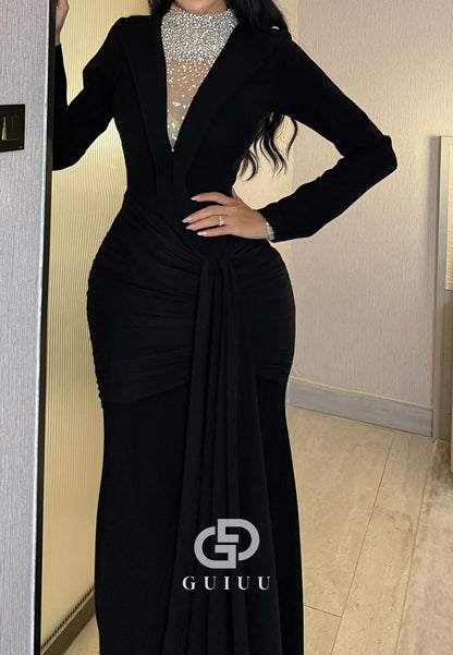 Black Long Sleeves Scoop Sequins A-Line Evening Dress