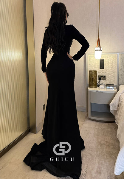 Black Long Sleeves Scoop Sequins A-Line Evening Dress