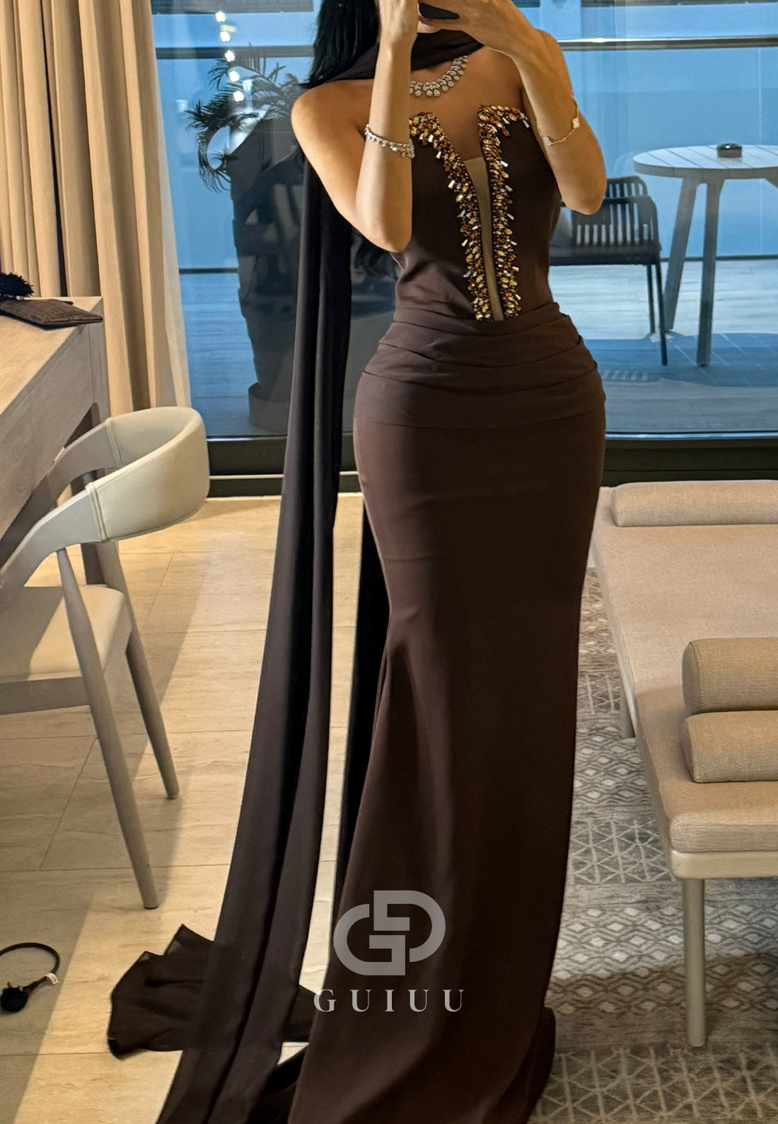 Cabernet Sleeveless Strapless Beads Evening Dress