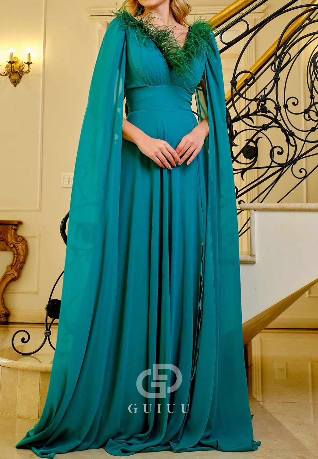 Peacock Cap Sleeves V-Neck Feathers Mother of the Bride Dress