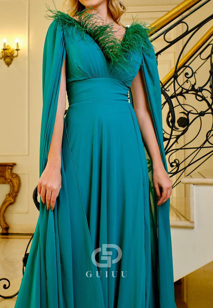 Peacock Cap Sleeves V-Neck Feathers Mother of the Bride Dress