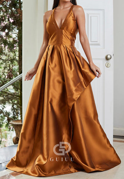 Paprika Spaghetti Straps V-Neck Ruffles Evening Dress