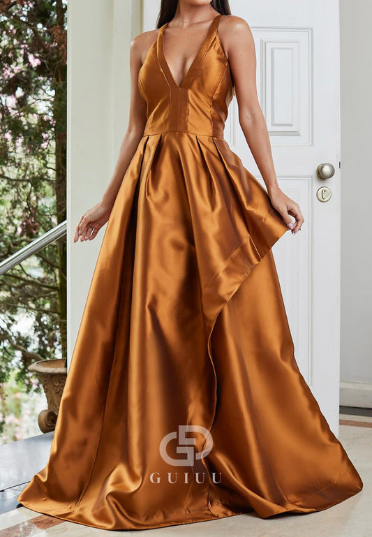 Paprika Spaghetti Straps V-Neck Ruffles Evening Dress