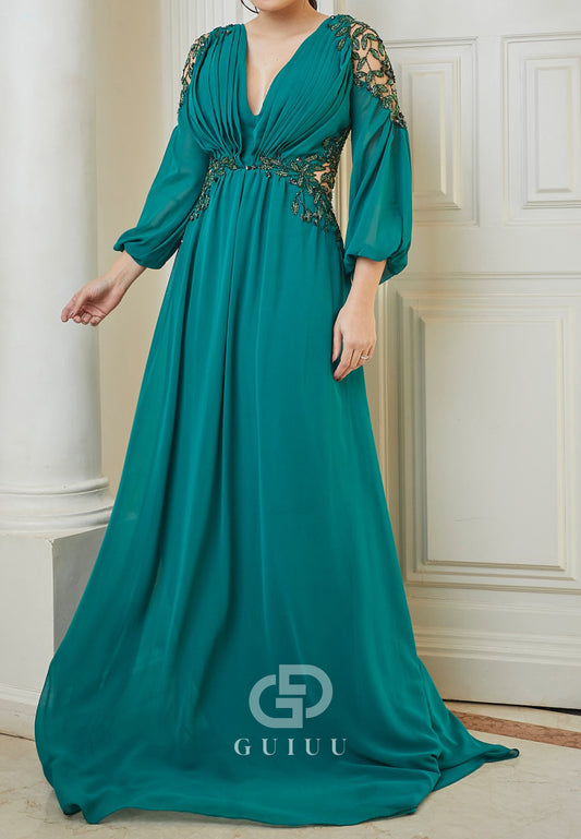Peacock Long Sleeves V-Neck Chiffon Mother of the Bride Dress