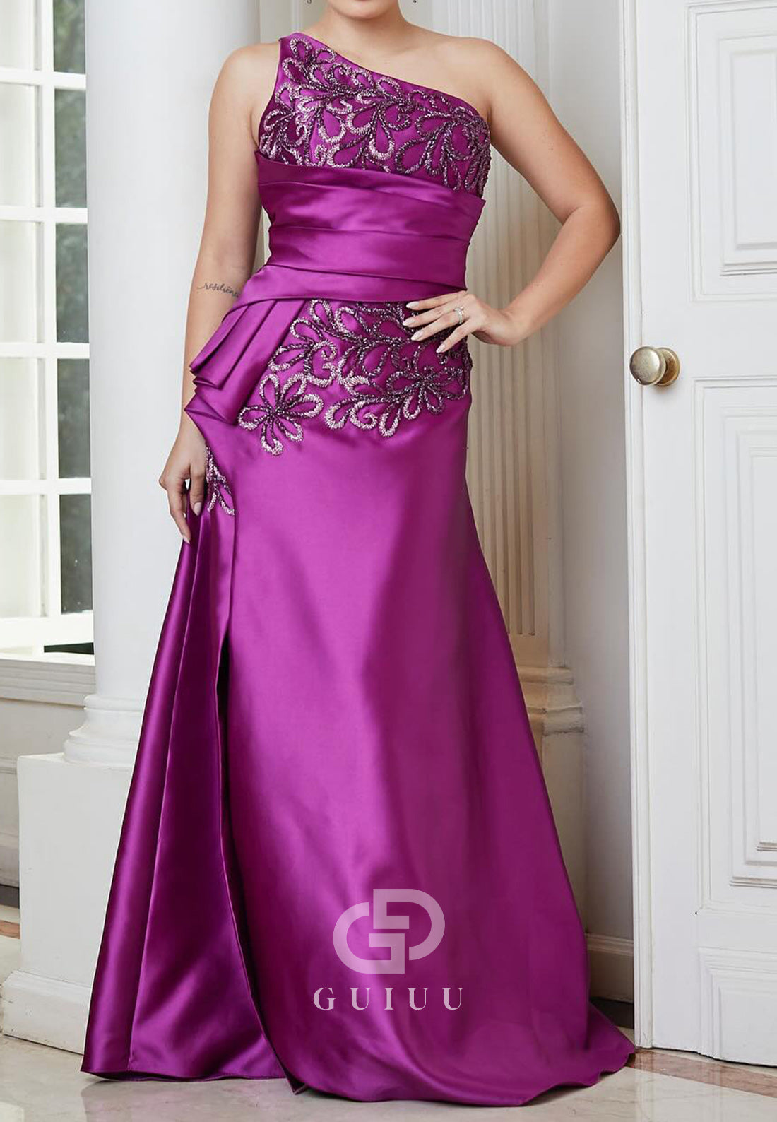 Orchid One Shoulder Sleeveless Floral Appliques Mother of the Bride Dress