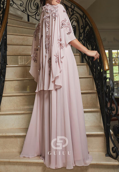 High Neck Cape Appliques Chiffon Mother of the Bride Dress