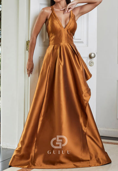 Paprika Spaghetti Straps V-Neck Ruffles Evening Dress