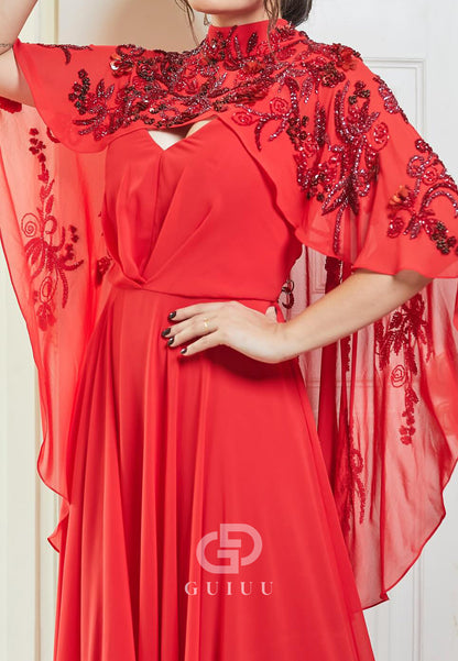 High Neck Cape Appliques Chiffon Mother of the Bride Dress