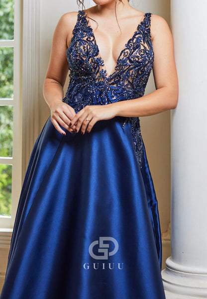 Dark Navy Spagheti Straps V-Neck Appliques Mother of the Bride Dress