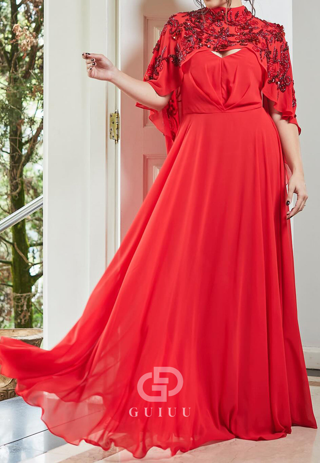 High Neck Cape Appliques Chiffon Mother of the Bride Dress