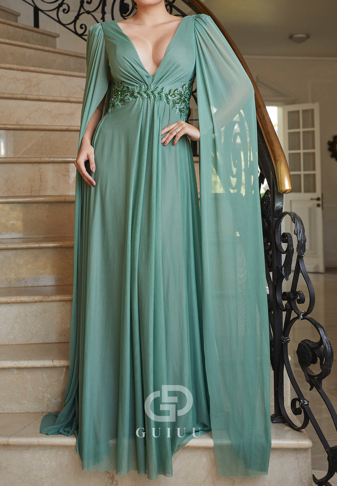 Agave A-Line Cap Sleeves V-Neck Chiffon Mother of the Bride Dress