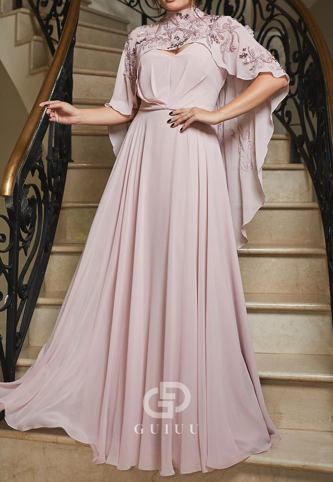 High Neck Cape Appliques Chiffon Mother of the Bride Dress