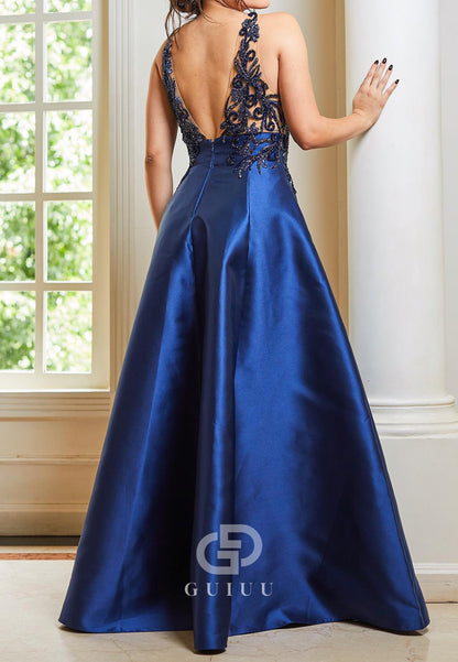 Dark Navy Spagheti Straps V-Neck Appliques Mother of the Bride Dress