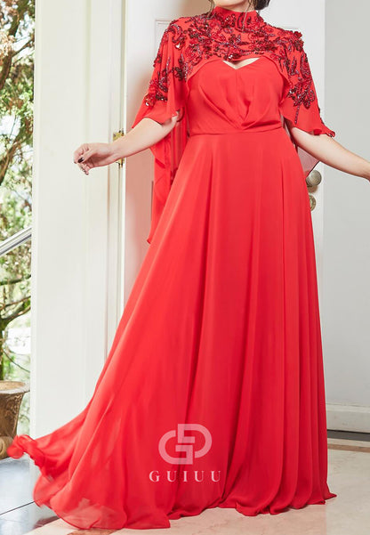 High Neck Cape Appliques Chiffon Mother of the Bride Dress