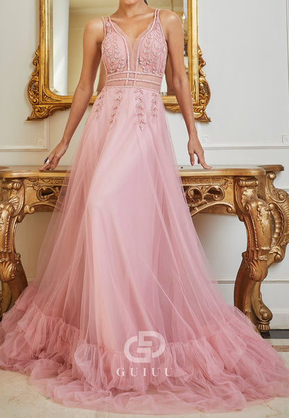 Charming A-Line Spaghetti Straps V-Neck Corset Evening Dress