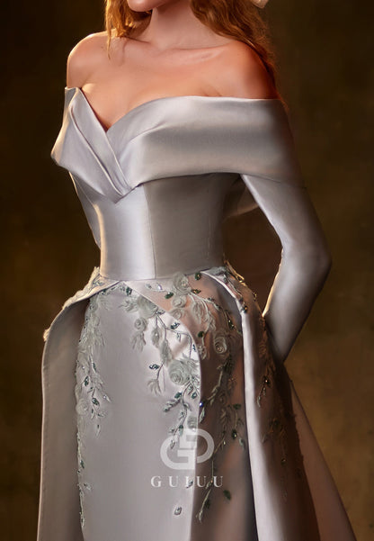 Dusty Lavender Off-Shoulder Long Sleeves Corset Evening Dress