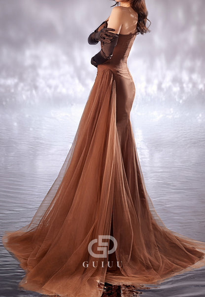 Paprika Off-Shoulder Ruched Slit Evening Dress