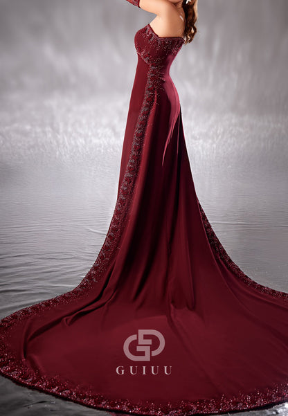 Burgundy Off-Shoulder Corset Sequins A-Line Evening Dress