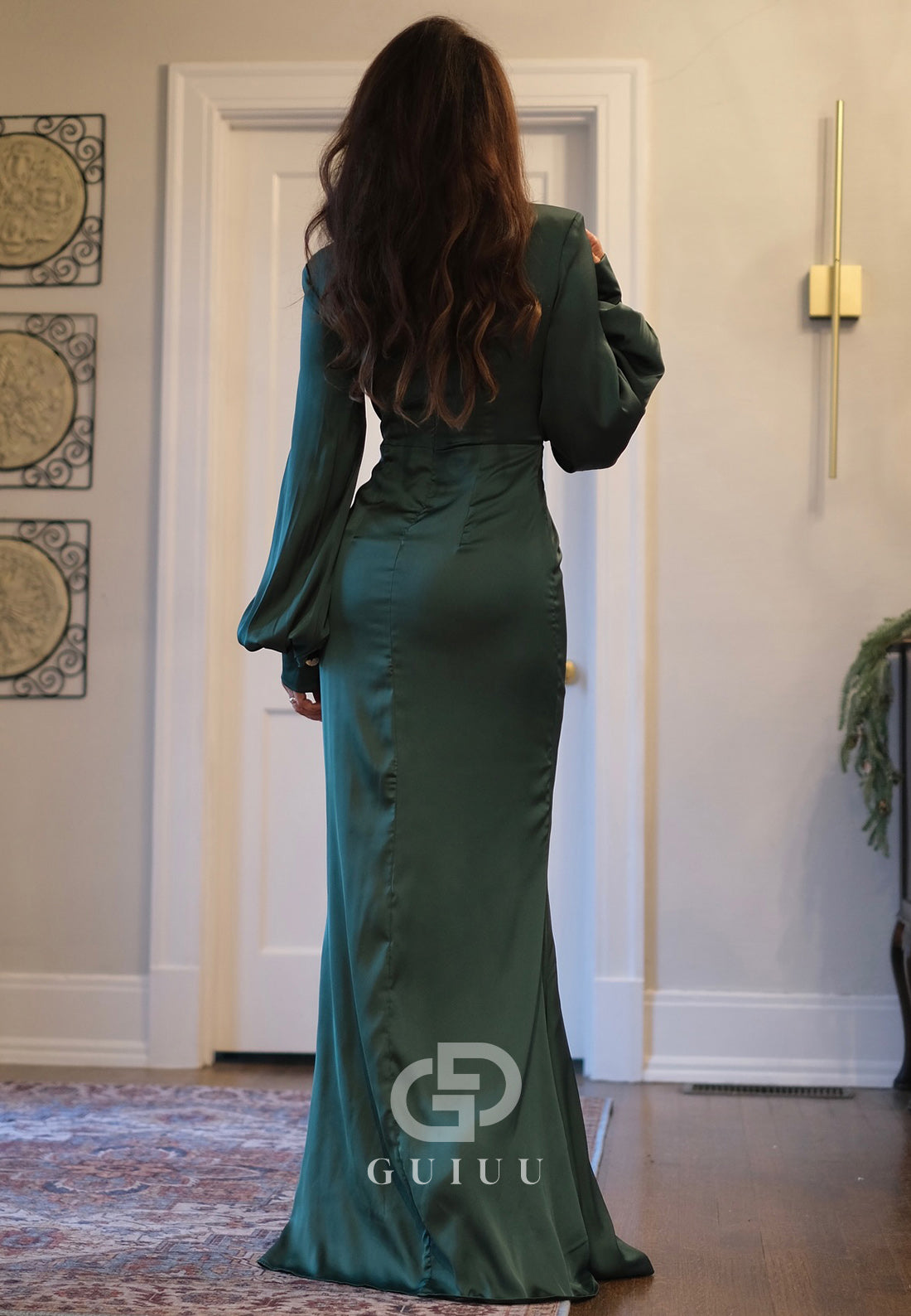 Dark Green V-Neck Long Sleeves Slit Evening Dress