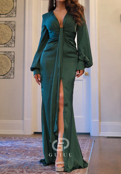 Dark Green V-Neck Long Sleeves Slit Evening Dress