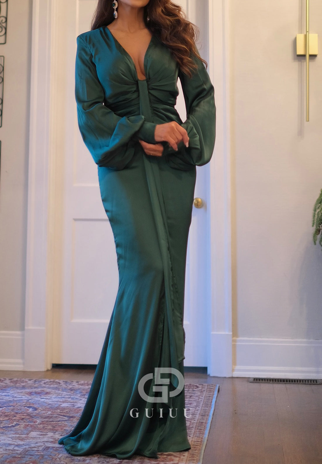 Dark Green V-Neck Long Sleeves Slit Evening Dress