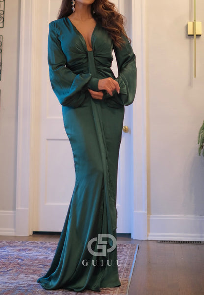 Dark Green V-Neck Long Sleeves Slit Evening Dress