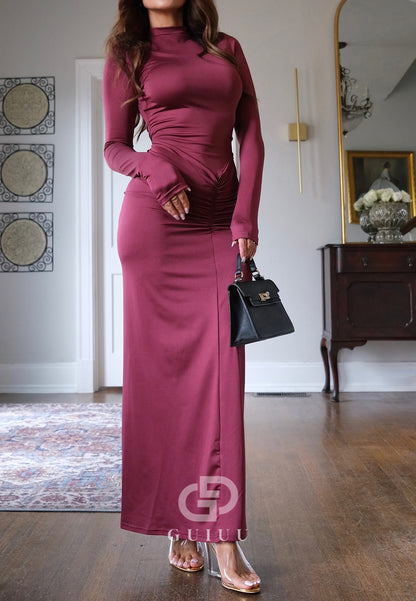 High Neck Long Sleeves Ruched Evening Dress