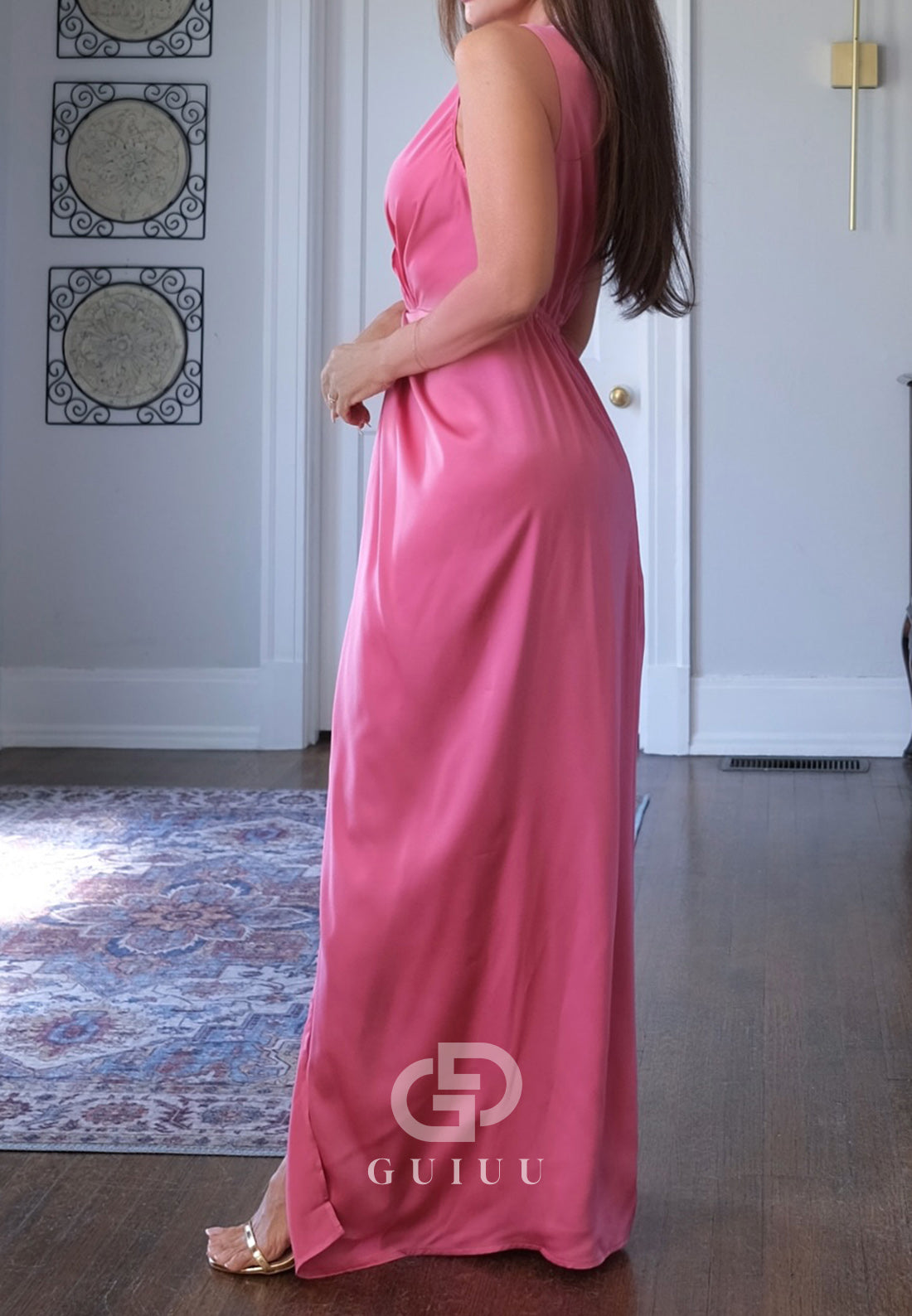 Blushing Pink V-Neck Ruched Slit Evening Dress