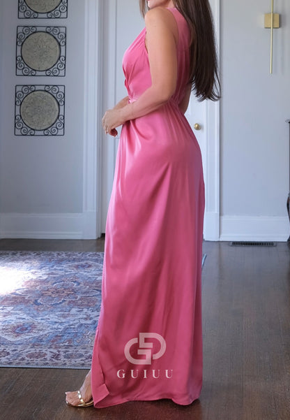 Blushing Pink V-Neck Ruched Slit Evening Dress