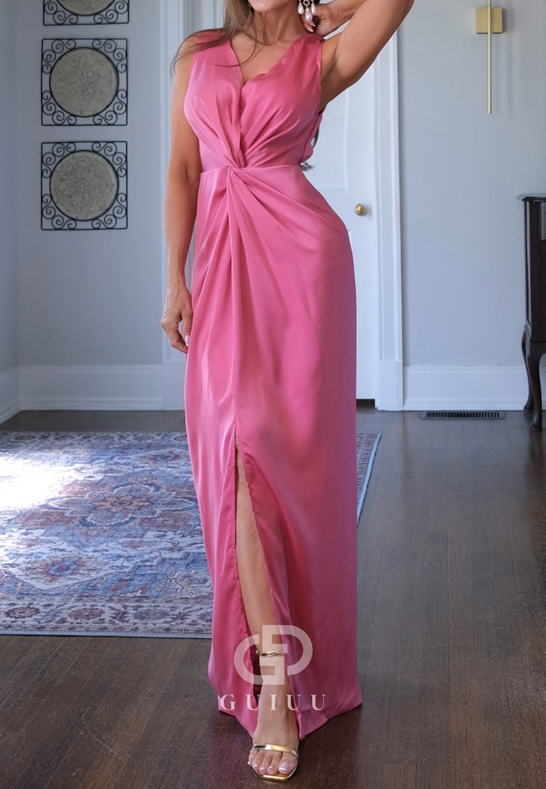 Blushing Pink V-Neck Ruched Slit Evening Dress