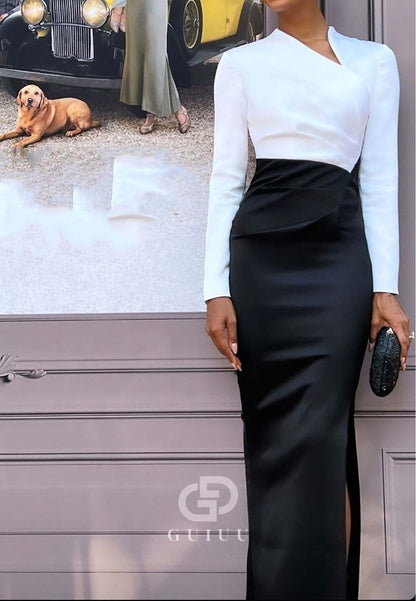 Long Sleeves Sheath Empire-Waist Ruched Slit Evening Dress