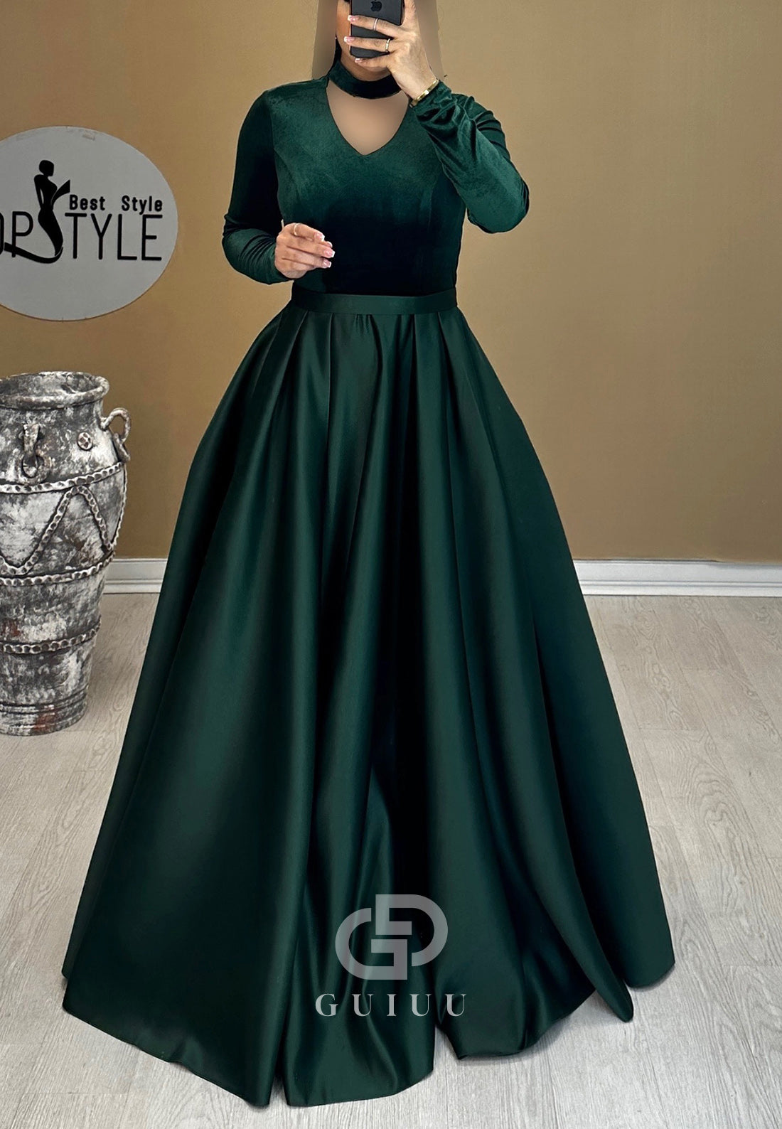A-Line Halter Long Sleeves Empire-Waist Evening Dress