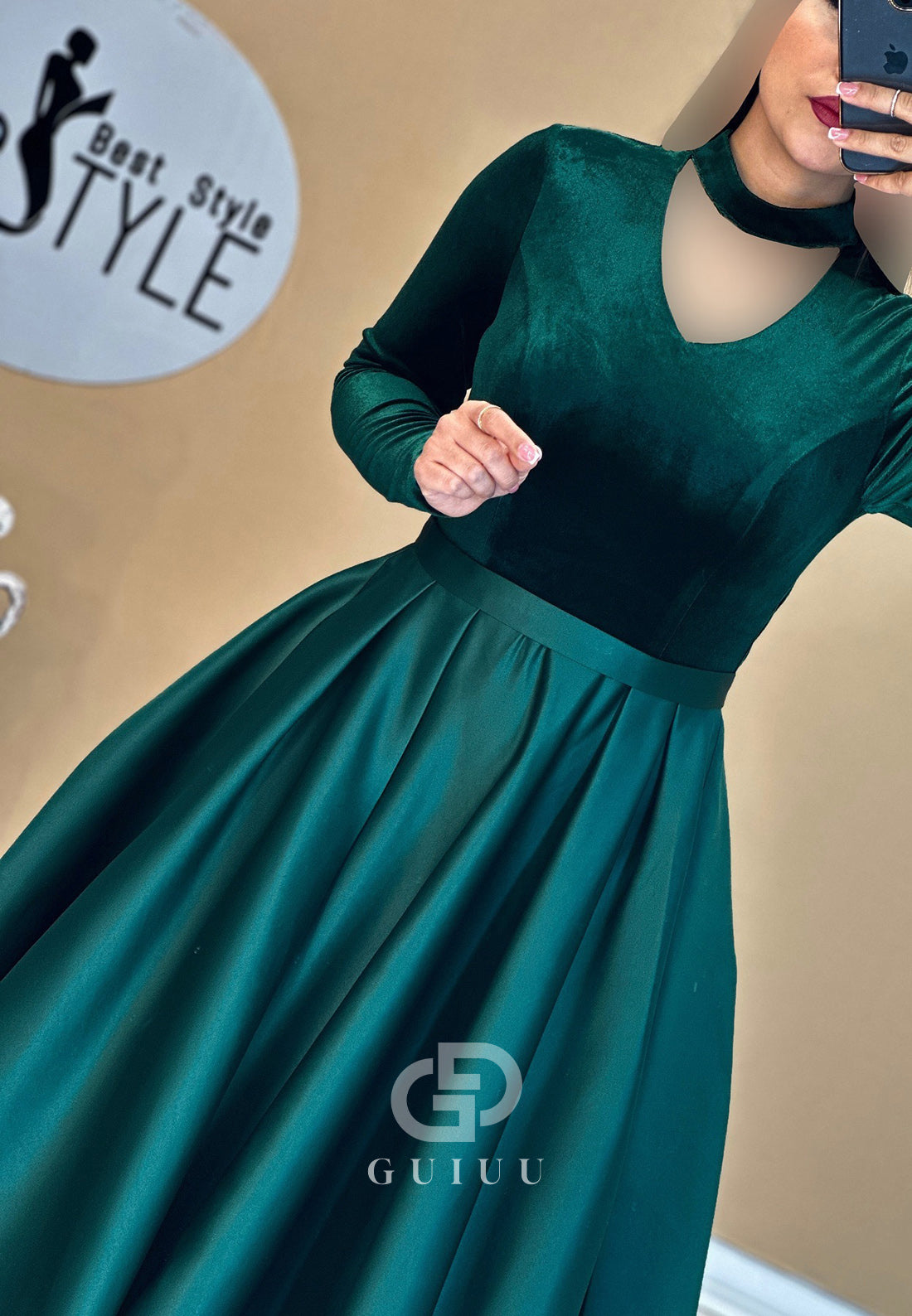 A-Line Halter Long Sleeves Empire-Waist Evening Dress