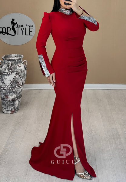 Elegant Long Sleeves High Neck Sequins Evening Dress
