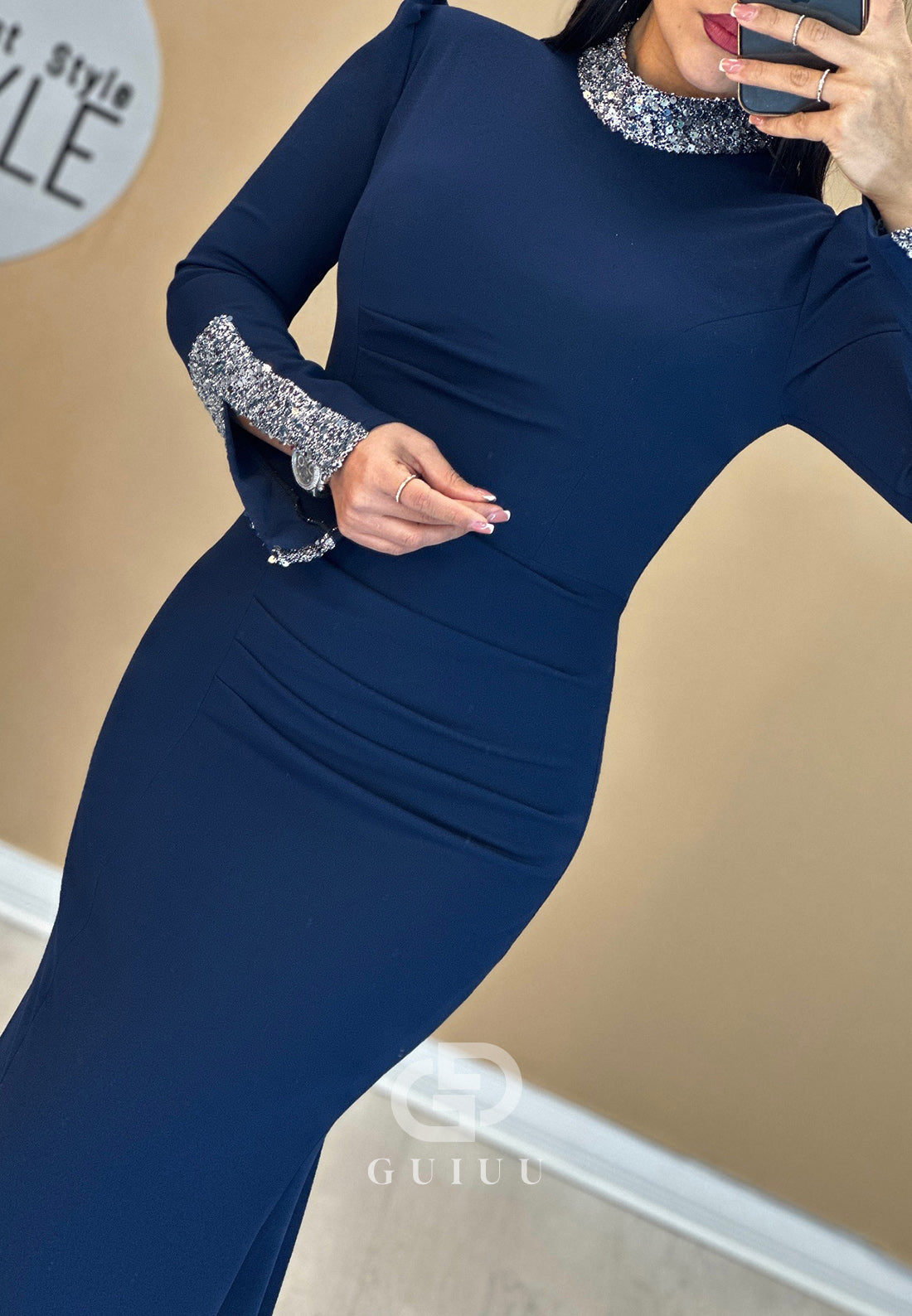 Elegant Long Sleeves High Neck Sequins Evening Dress