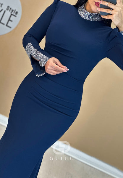 Elegant Long Sleeves High Neck Sequins Evening Dress