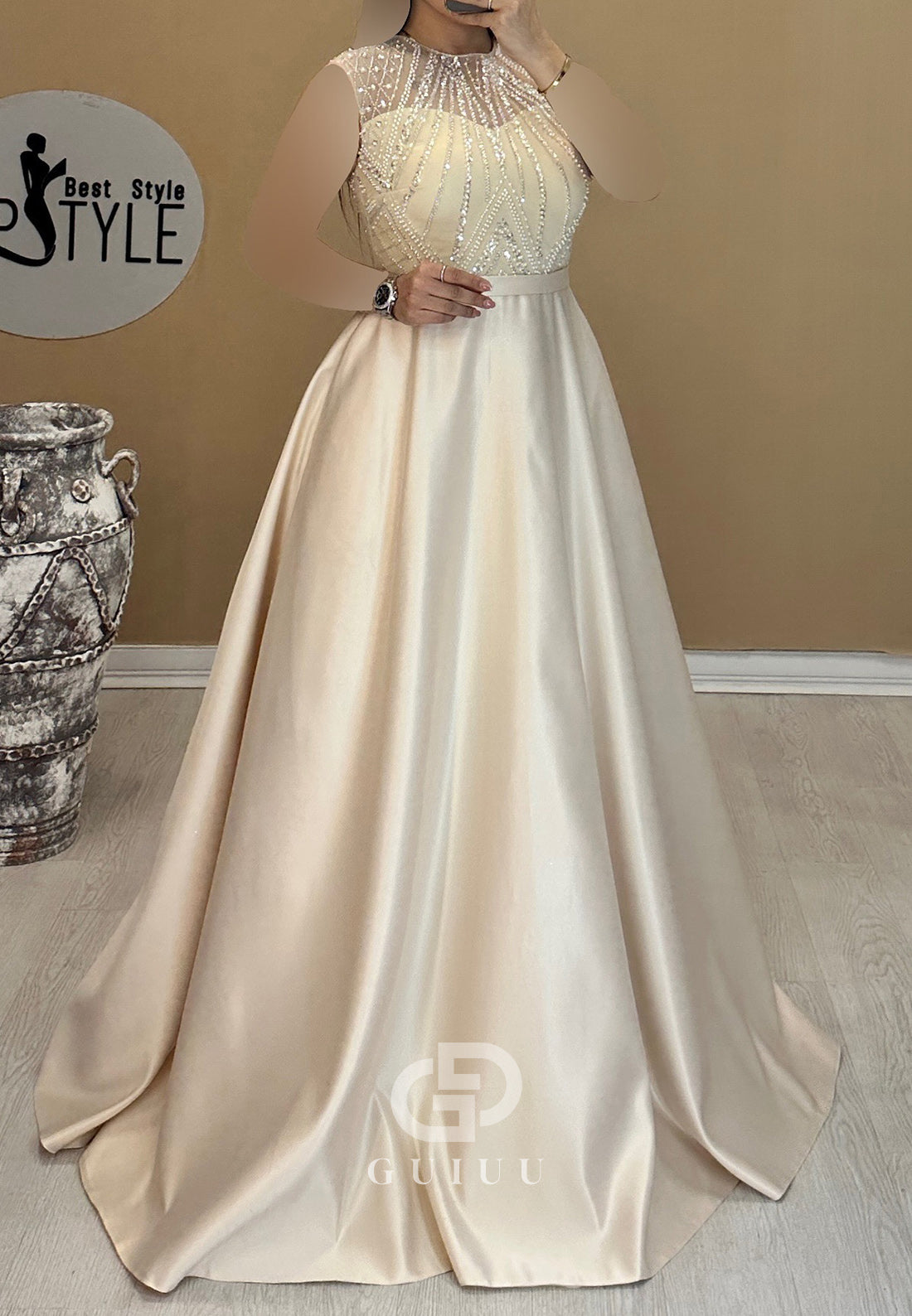 Sleeveless Scoop Empire-Waist Sequins Evening Dress