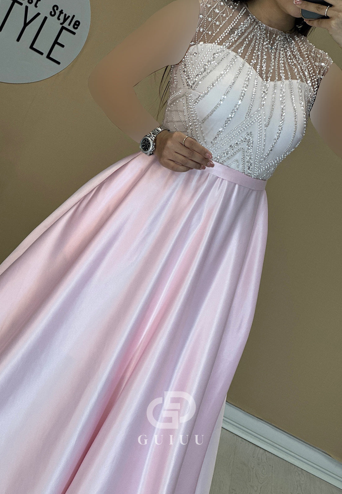 Sleeveless Scoop Empire-Waist Sequins Evening Dress