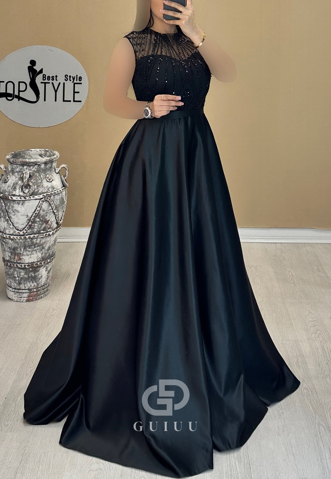 Sleeveless Scoop Empire-Waist Sequins Evening Dress