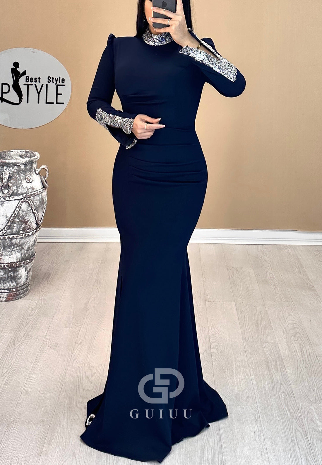 Elegant Long Sleeves High Neck Sequins Evening Dress