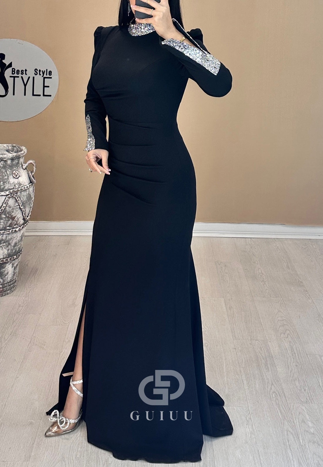 Elegant Long Sleeves High Neck Sequins Evening Dress