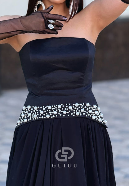 Black A-Line Strapless Sleeveless Pearls Evening Dress