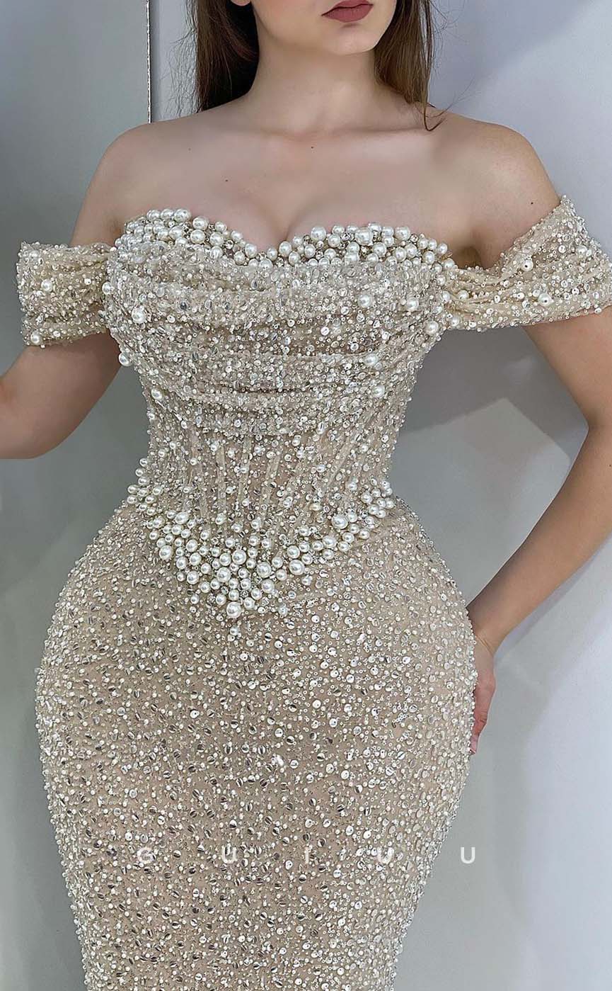 G3275 - Chic & Modern Beaded Off-Shoulder Pleats Champagne Party Prom Evening Dresses