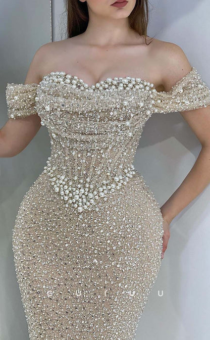 G3275 - Chic & Modern Beaded Off-Shoulder Pleats Champagne Party Prom Evening Dresses